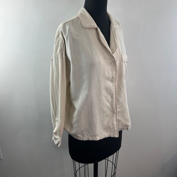 Bohme Beige Hawaiian Top Linen Collared Long Sleeve Classic Button-Up Size Small - Picture 5 of 10